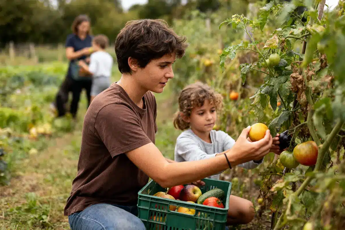 Personnes récoltant des tomates dans un champ, panier rempli de légumes, ambiance de jardinage familial.