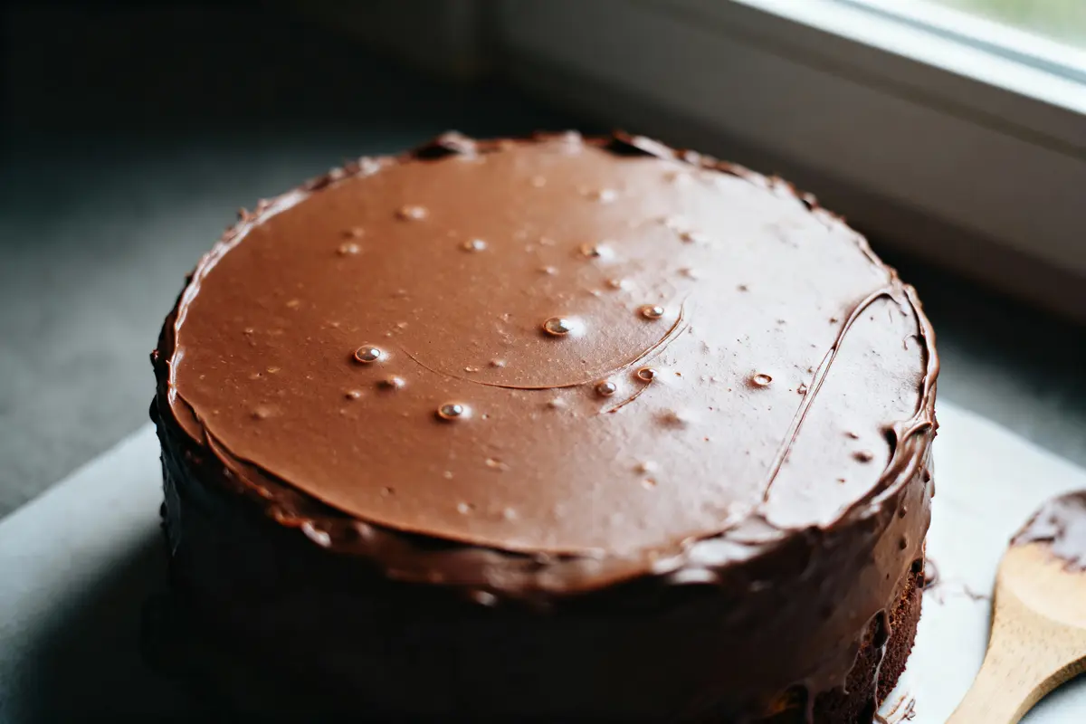 Gâteau au chocolat avec glaçage, décoré de petites perles argentées, sur une table près d'une fenêtre.