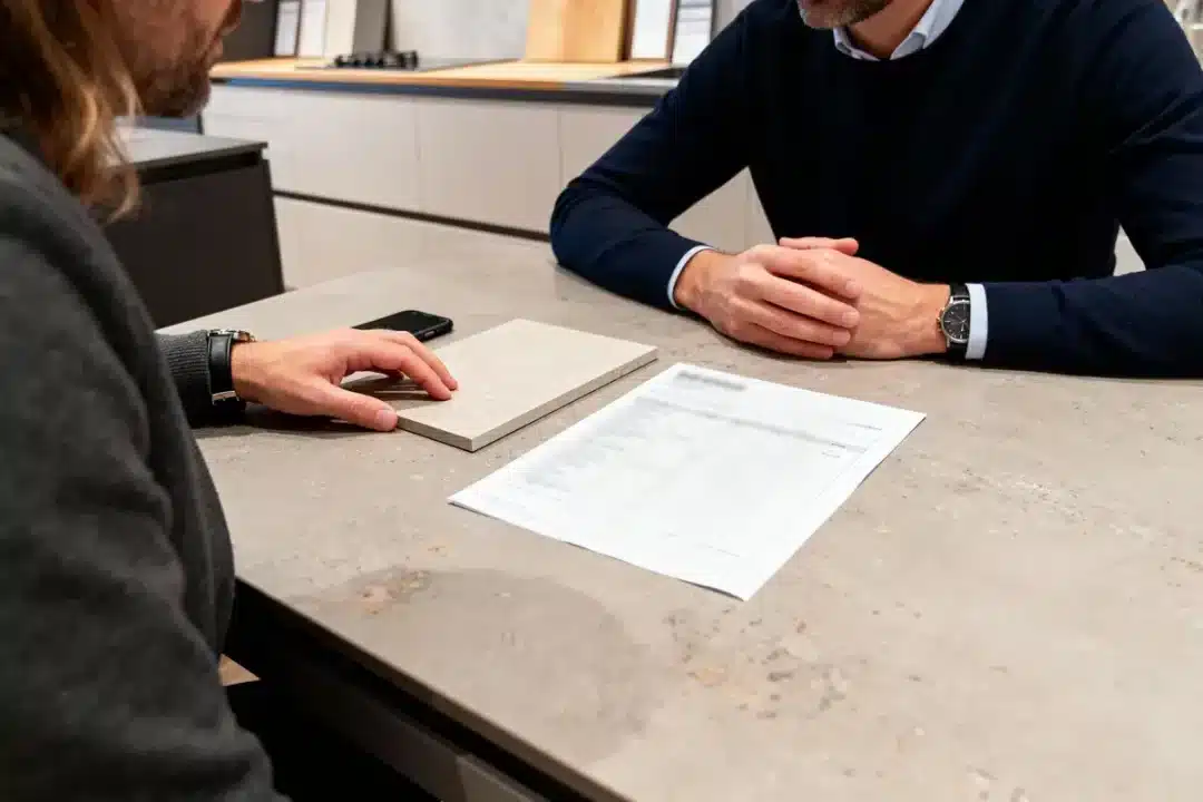 Deux personnes discutent autour d'une table, avec un échantillon et des documents.