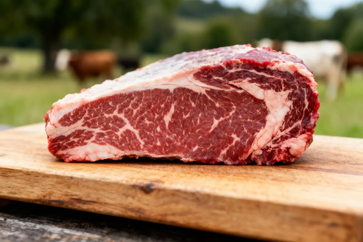 Tranche de viande rouge marbrée posée sur une planche en bois, avec pâturage en arrière-plan flou.