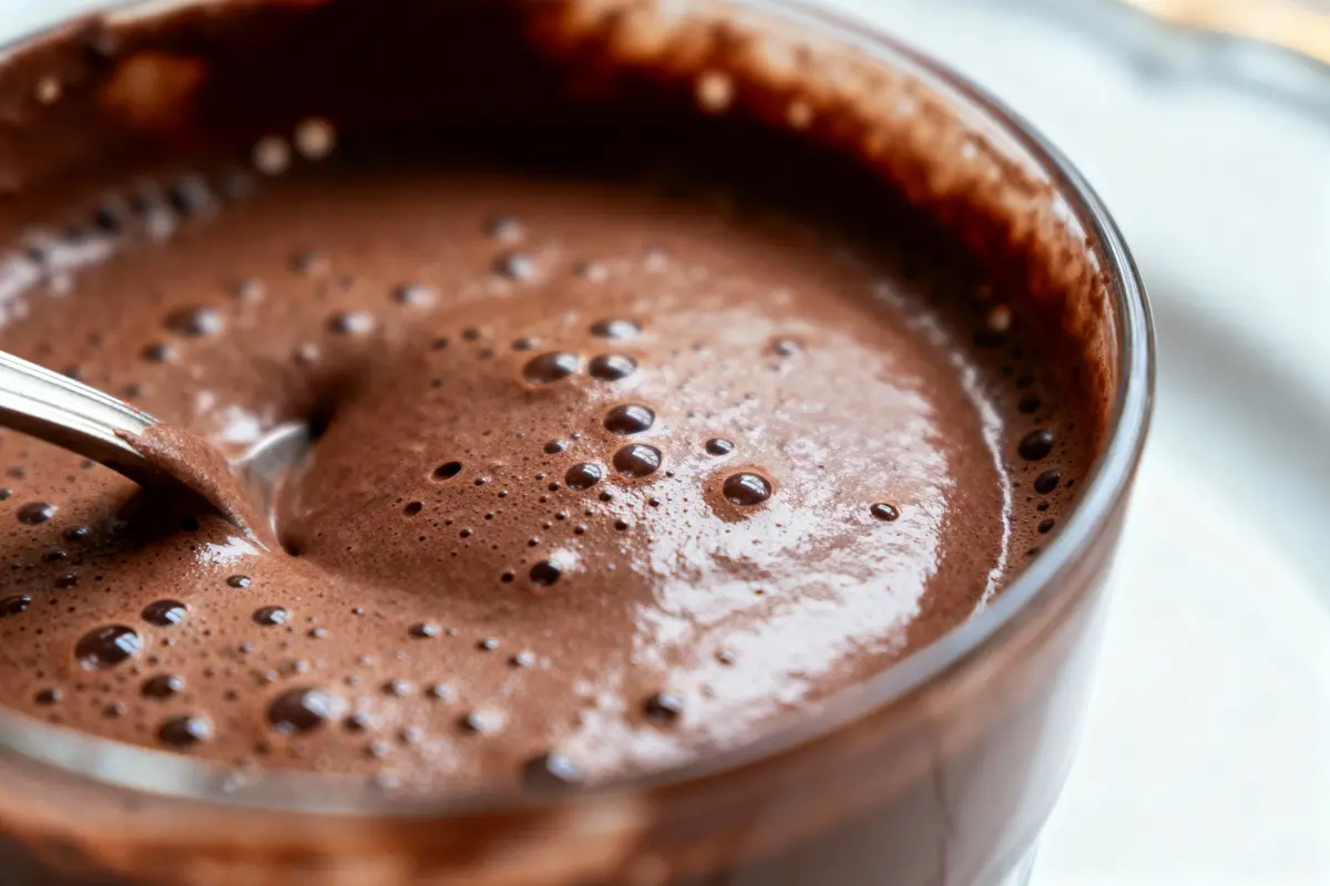Gros plan d'une mousse au chocolat onctueuse avec des bulles et une cuillère.