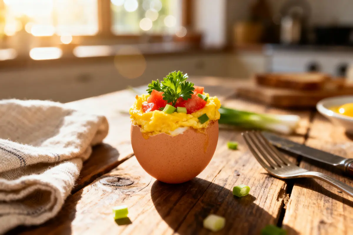 Œuf farci aux oeufs brouillés, tomate, céleri, persil sur une table en bois avec lumière naturelle en cuisine.