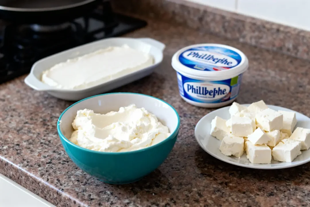 Différents types de fromage sur plan de travail : tartinable, en morceaux et en plat blanc.