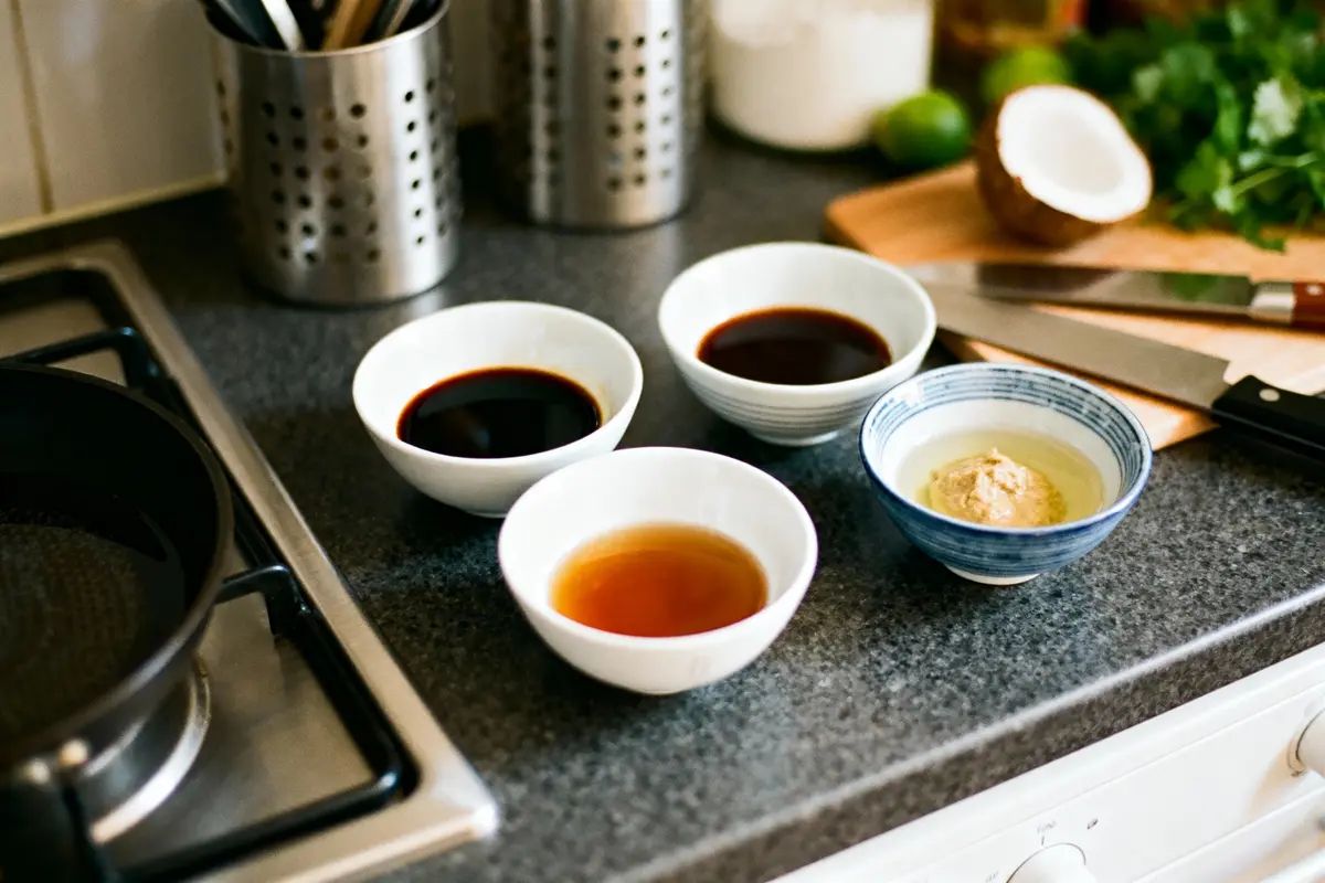 Quatre bols avec sauces diverses sur un plan de travail de cuisine, couteaux, noix de coco et coriandre.