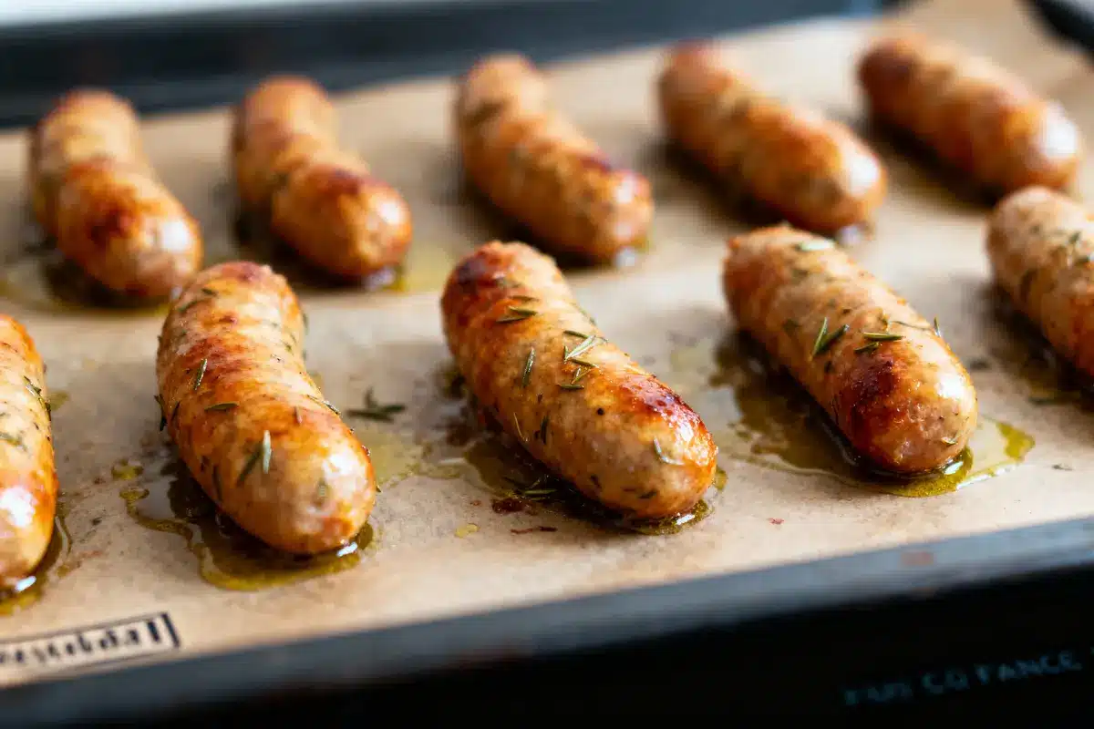 Saucisses rôties au four sur plaque avec herbes et huile, cuisson uniforme et dorée.