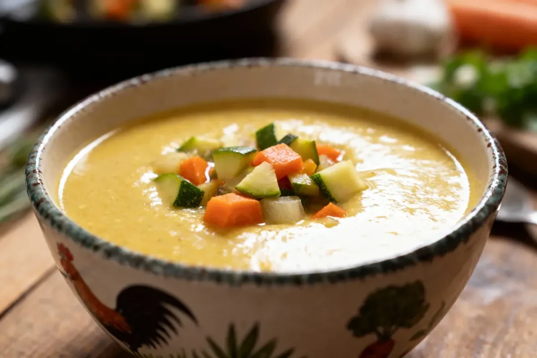Bol de soupe crémeuse, garnie de cubes de légumes colorés, posé sur une table en bois.