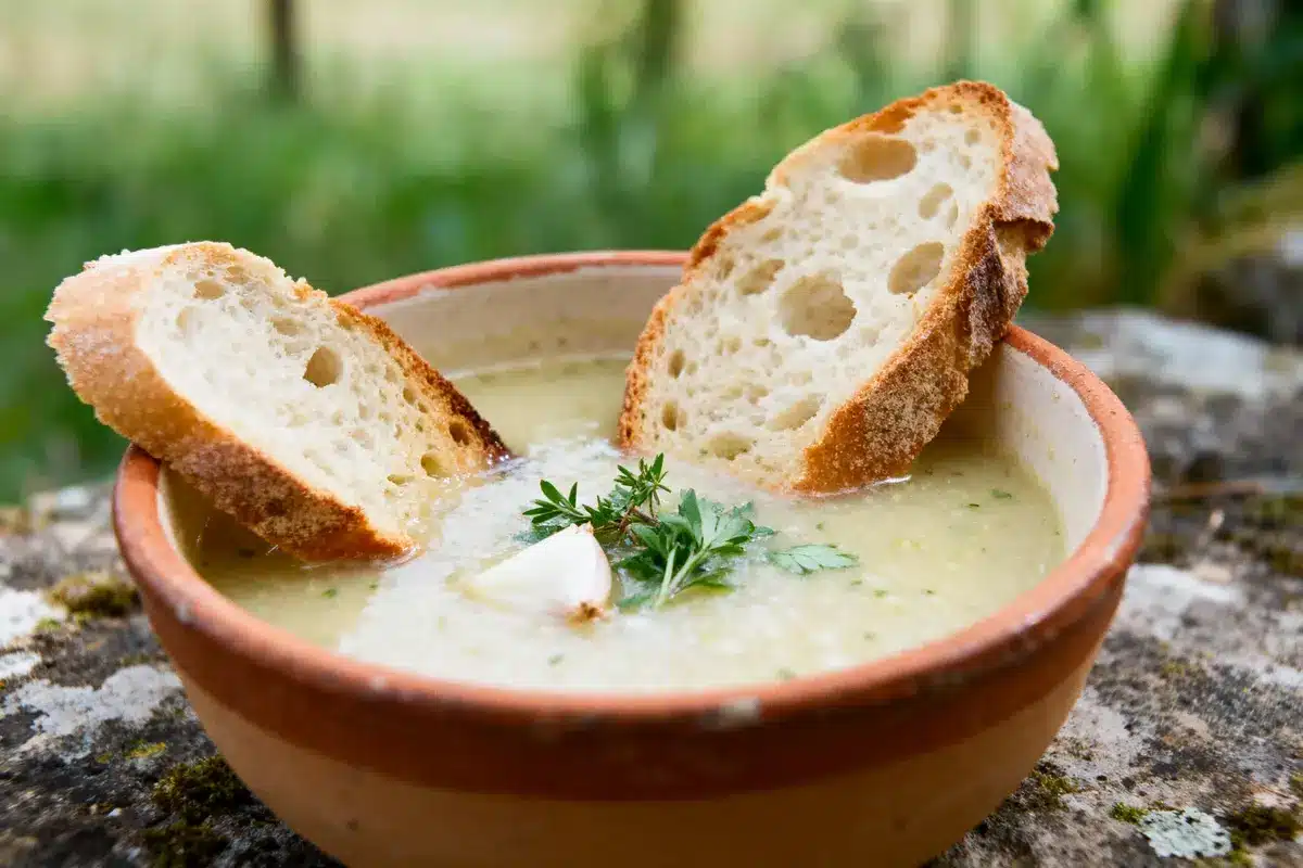 Bol de soupe crémeuse avec tranches de pain et herbes fraîches, posé à l'extérieur.