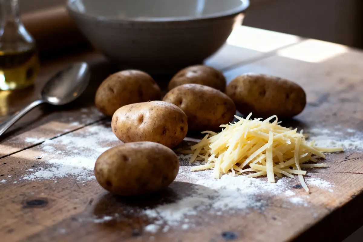 Pommes de terre et fromage râpé sur table en bois, à côté d'une cuillère et huile d'olive.