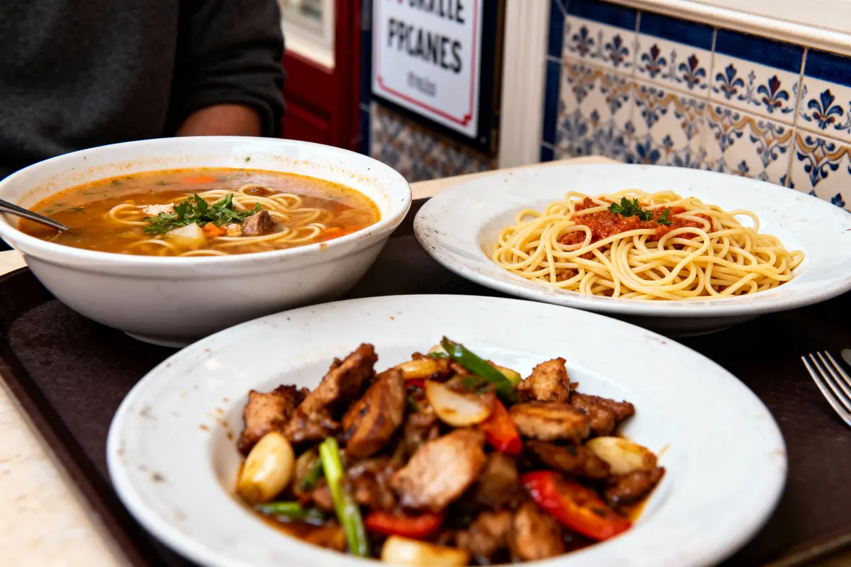 Trois plats de nouilles : soupe, spaghetti et sauté avec légumes et viande, sur une table en intérieur.