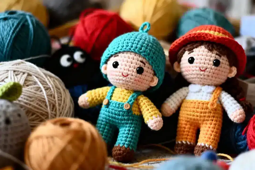 Deux poupées en crochet colorées entourées de pelotes de laine multicolores.