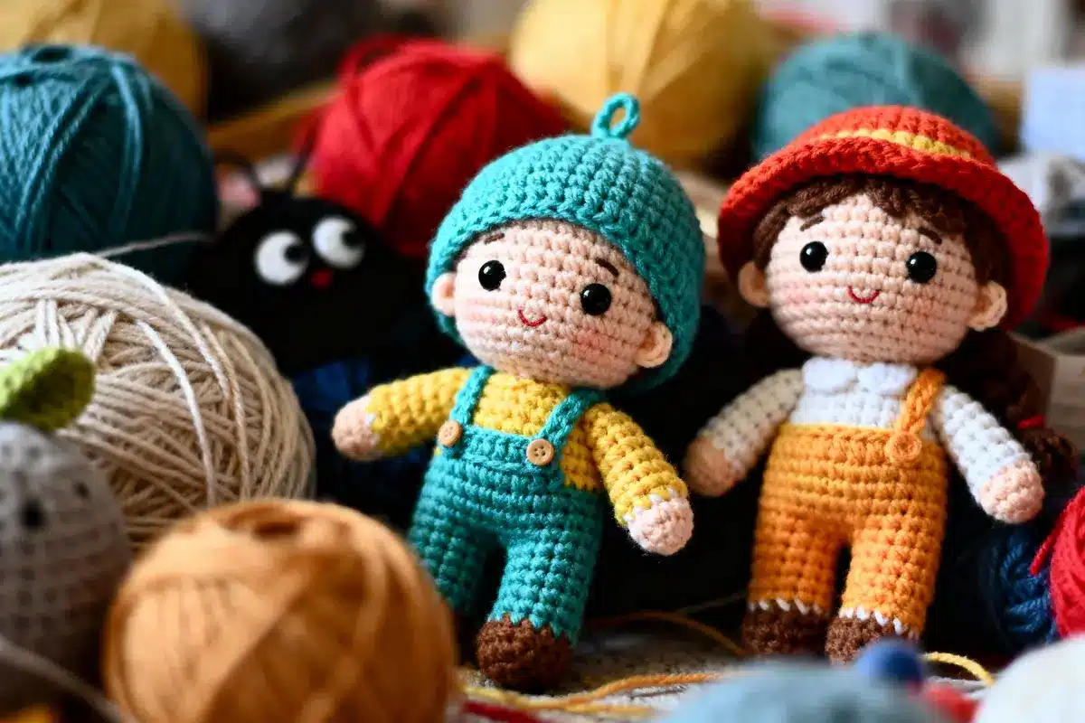 Deux poupées en crochet colorées entourées de pelotes de laine multicolores.