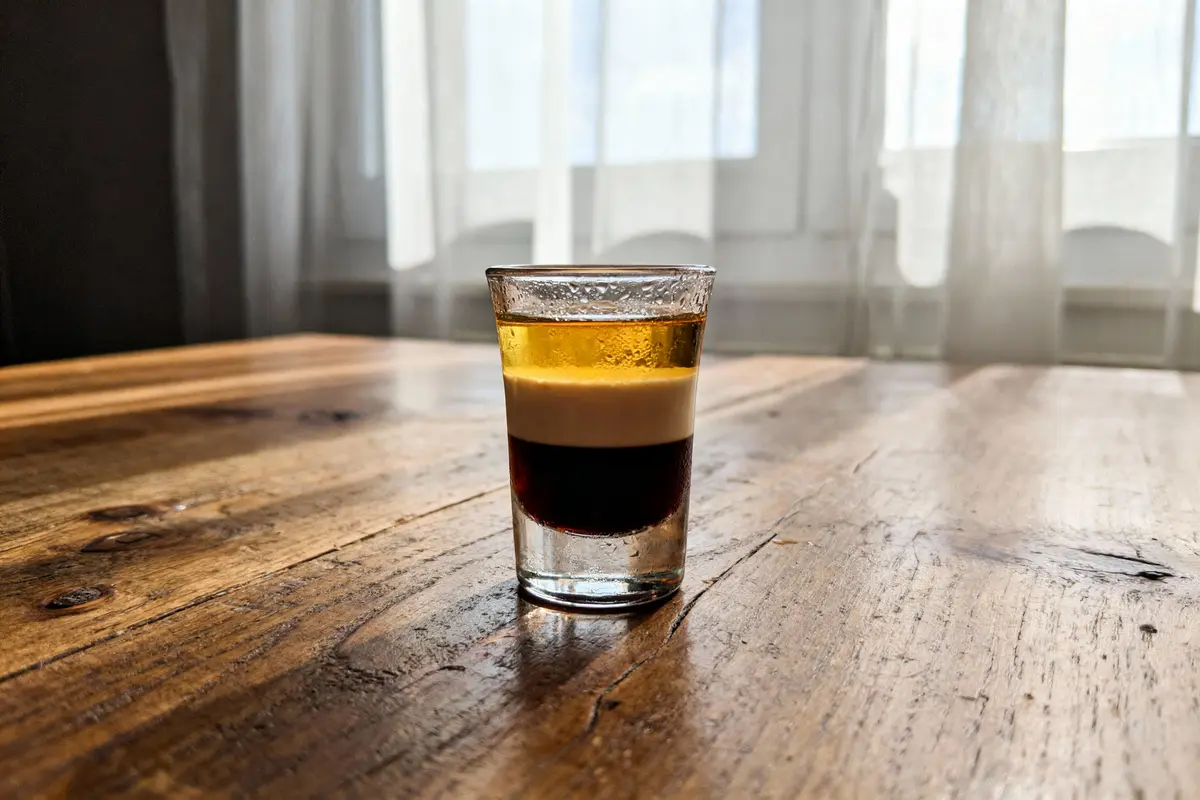 Verre avec trois couches superposées de liquides colorés, posé sur une table en bois près d'une fenêtre.