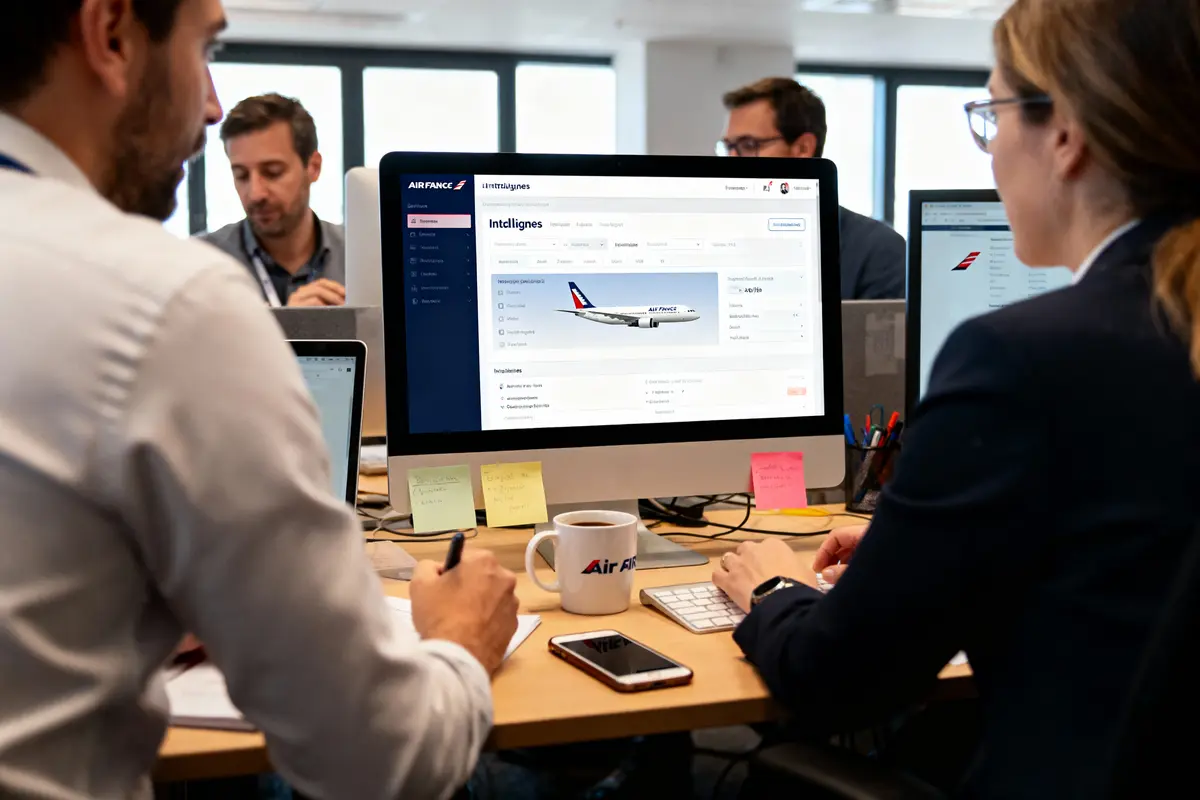 Personnes travaillant dans un bureau, consultant un site web d'aviation sur des ordinateurs, documents et café présents.