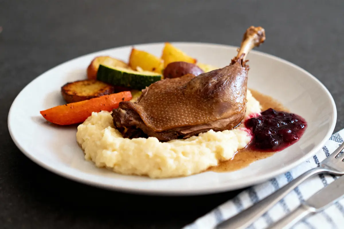 Plat de canard rôti, purée, légumes grillés, sauce aux baies, servi sur une assiette blanche.