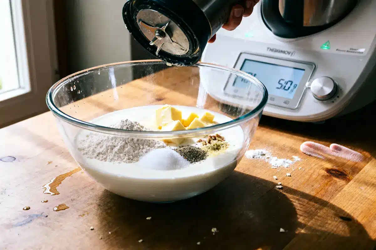 Bol avec ingrédients pour pâtisserie, balance numérique, moulin à poivre sur table en bois ensoleillée.