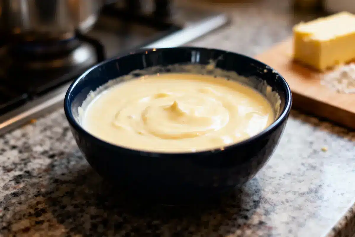 Bol de pâte à gâteau crémeuse sur plan de travail de cuisine en granit, avec beurre à côté.