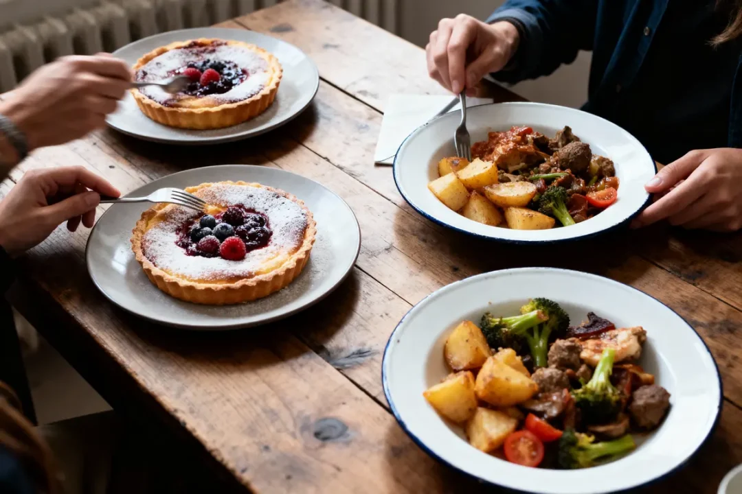 Repas sur table en bois avec tartes aux fruits rouges et plats de viande, légumes et pommes de terre.