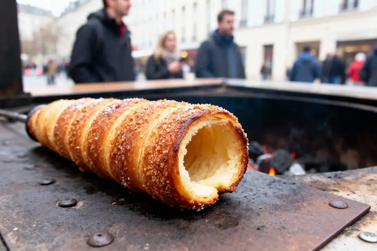 Kürtőskalács en gros plan, cuisson sur un barbecue dans une rue animée avec piétons flous en arrière-plan.