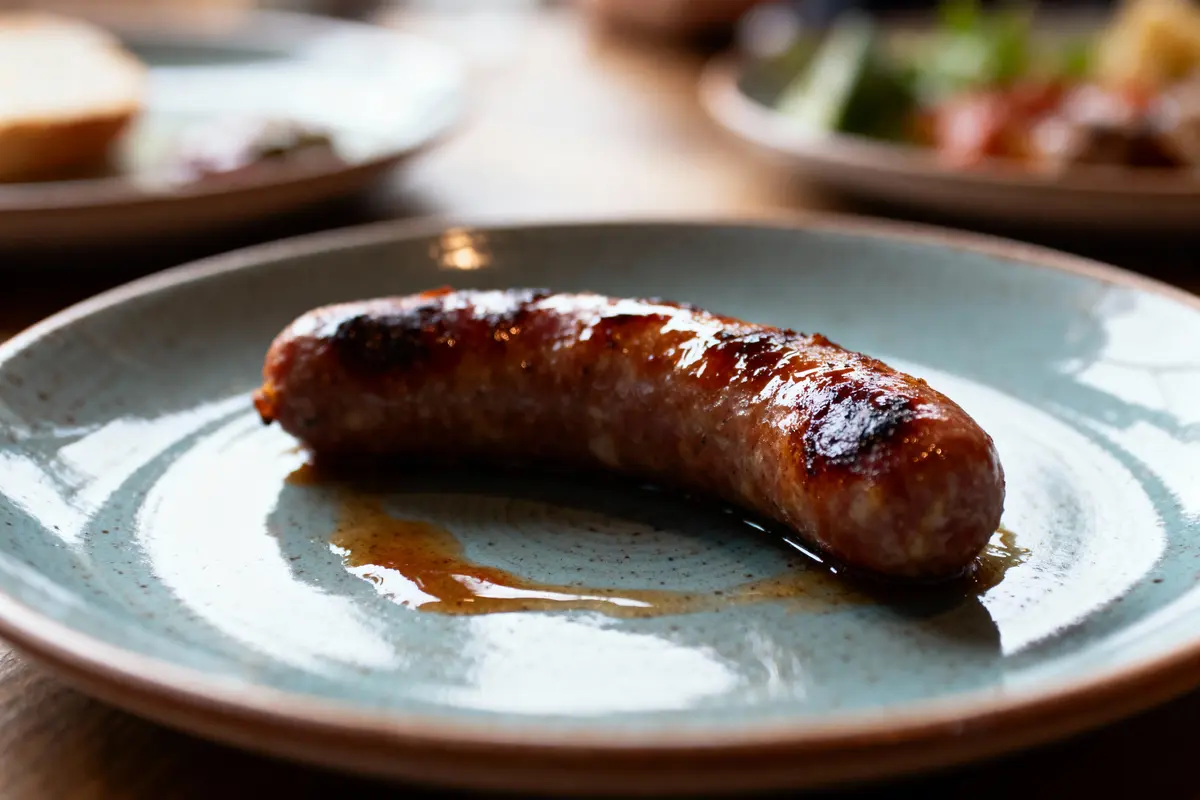 Assiette avec une saucisse grillée et juteuse, posée sur une table, en lumière naturelle.