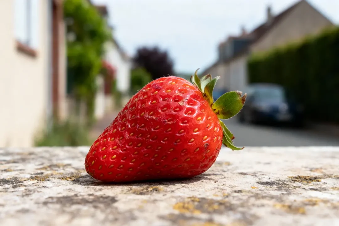 Fraise mûre posée sur un muret, arrière-plan flou avec maisons et voitures.