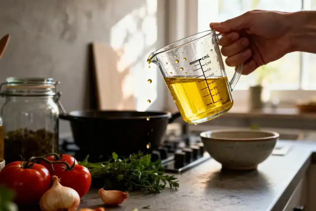 Main versant huile dans poêle, sur plan de travail avec tomates, herbes et ail en cuisine lumineuse.
