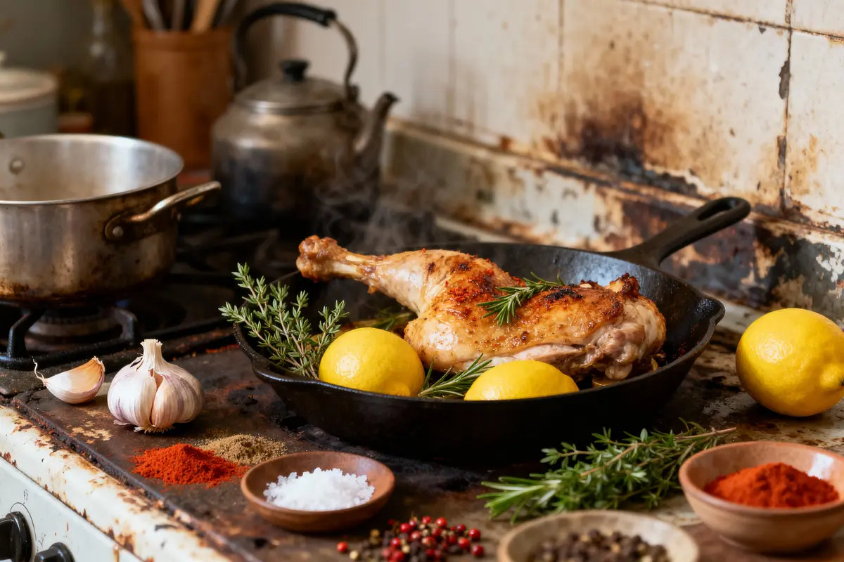 Plat de poulet rôti avec citrons, ail, et herbes dans une poêle en fonte sur cuisinière ancienne.