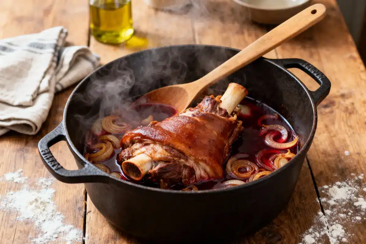 Jarret d'agneau rôti dans une cocotte en fonte avec des oignons, sur une table en bois.