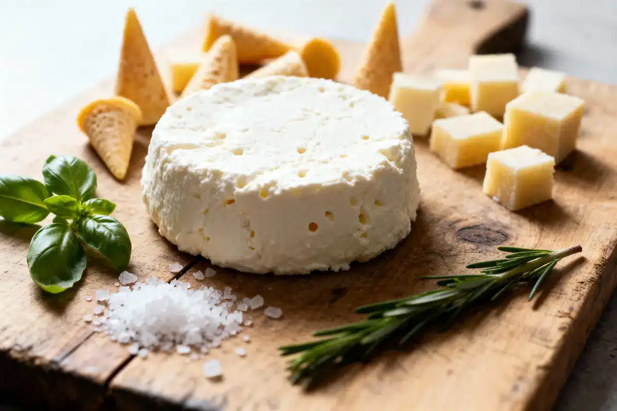 Plateau de fromage composé de ricotta, cubes de parmesan, herbes fraîches, sel et petits cônes.