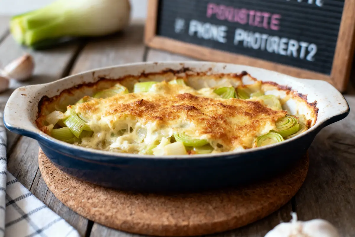 Plat gratiné de poireaux, fromage fondu, planche en fond, sur table en bois avec tissu à carreaux.