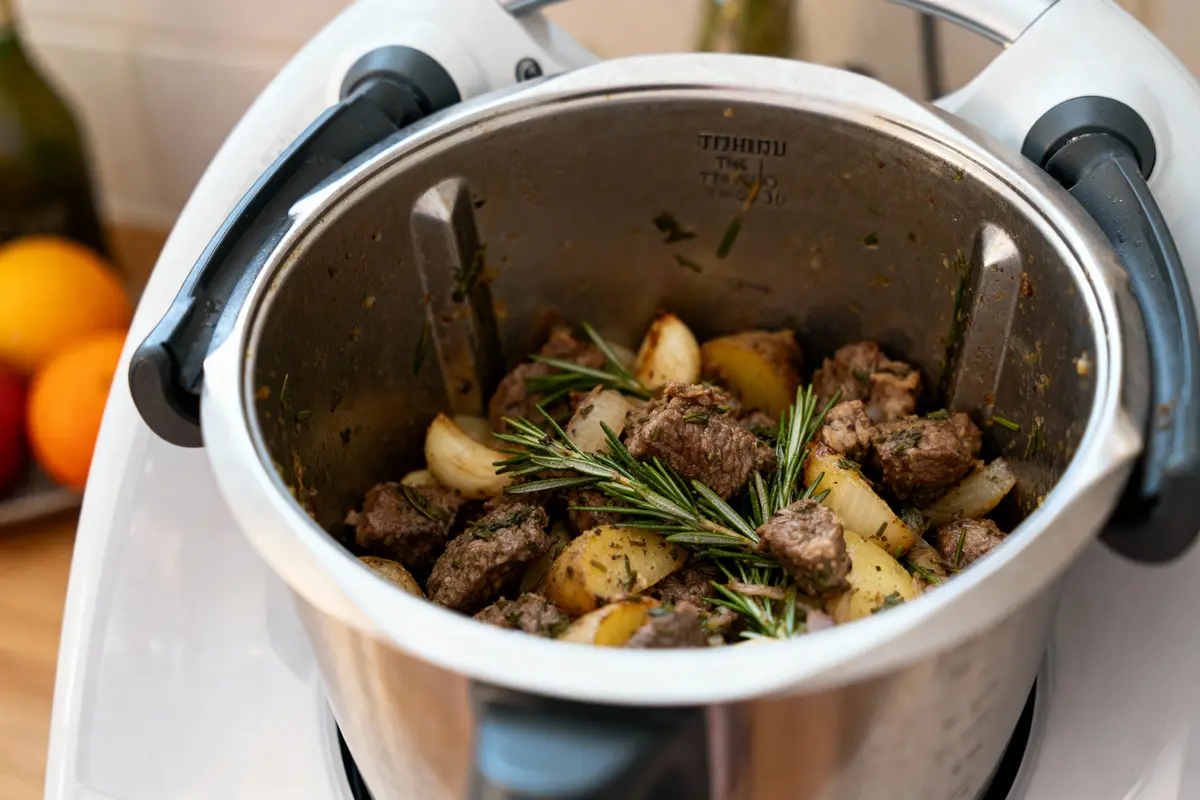 Cuiseur Thermomix avec viande, pommes de terre, oignons, romarin, prêt pour cuisiner un plat savoureux.