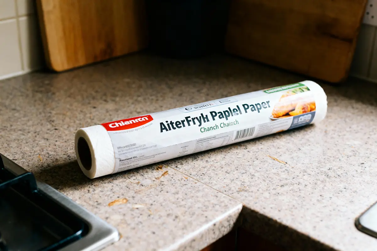 Rouleau de papier cuisson AirFryer "Chiannt" sur un plan de travail de cuisine en granit.