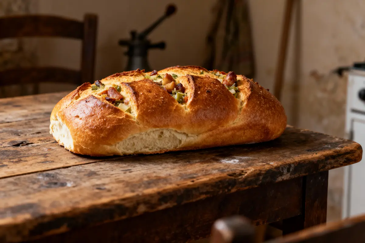 Pain maison farci de lardons et légumes, posé sur une table en bois rustique.