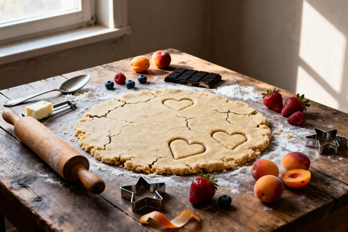 Pâte sablée avec empreintes cœurs sur table bois, fruits, chocolat, emporte-pièces, rouleau pâtisserie, lumière naturelle.