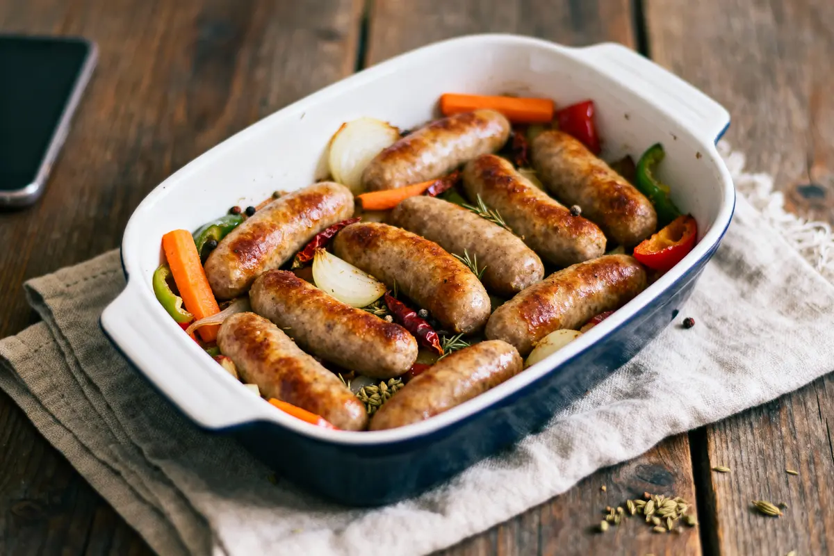 Plat de saucisses grillées avec légumes, dans un plat blanc sur nappe en lin, table en bois.