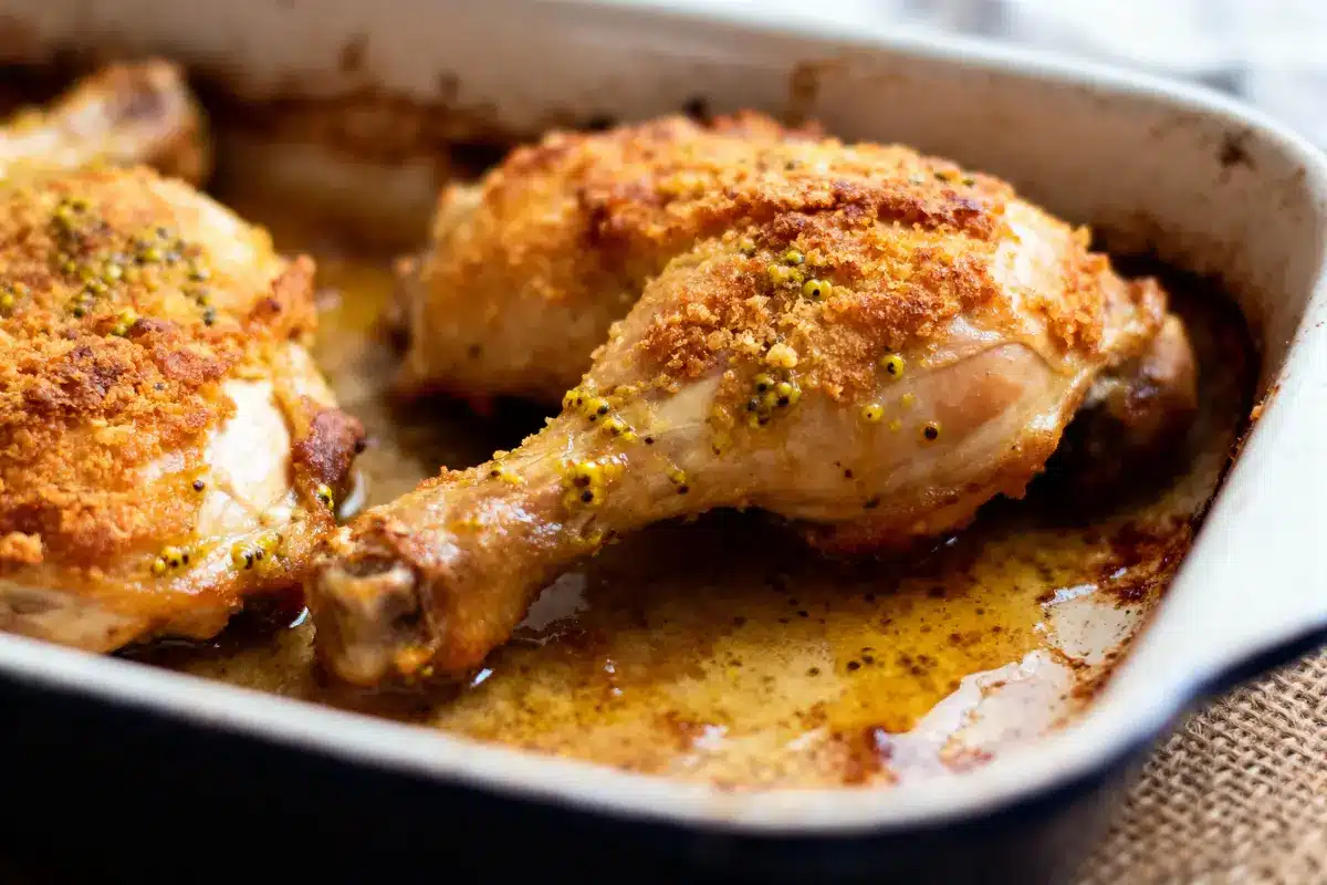 Cuisses de poulet croustillantes avec moutarde et chapelure, dorées au four dans un plat en céramique.