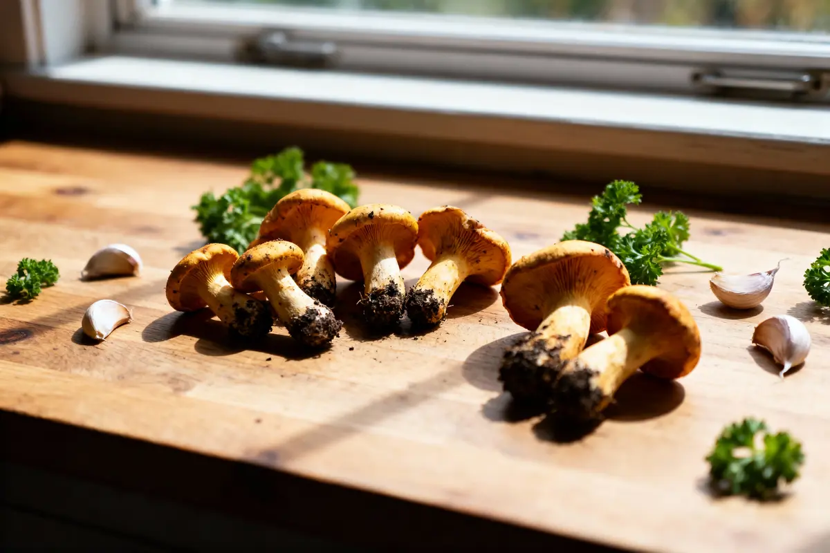 Chanterelles fraîches et sales sur la table en bois, entourées d'ail et de persil. Fenêtre en arrière-plan.