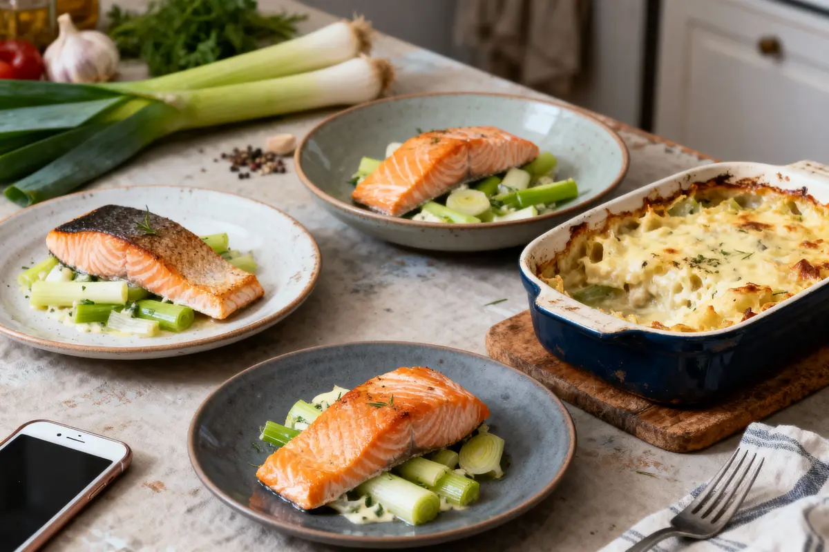 Assiettes de saumon et poireaux, gratin crémeux, poireaux entiers, téléphone, table garnie d'ingrédients, ambiance cuisine chaleureuse.