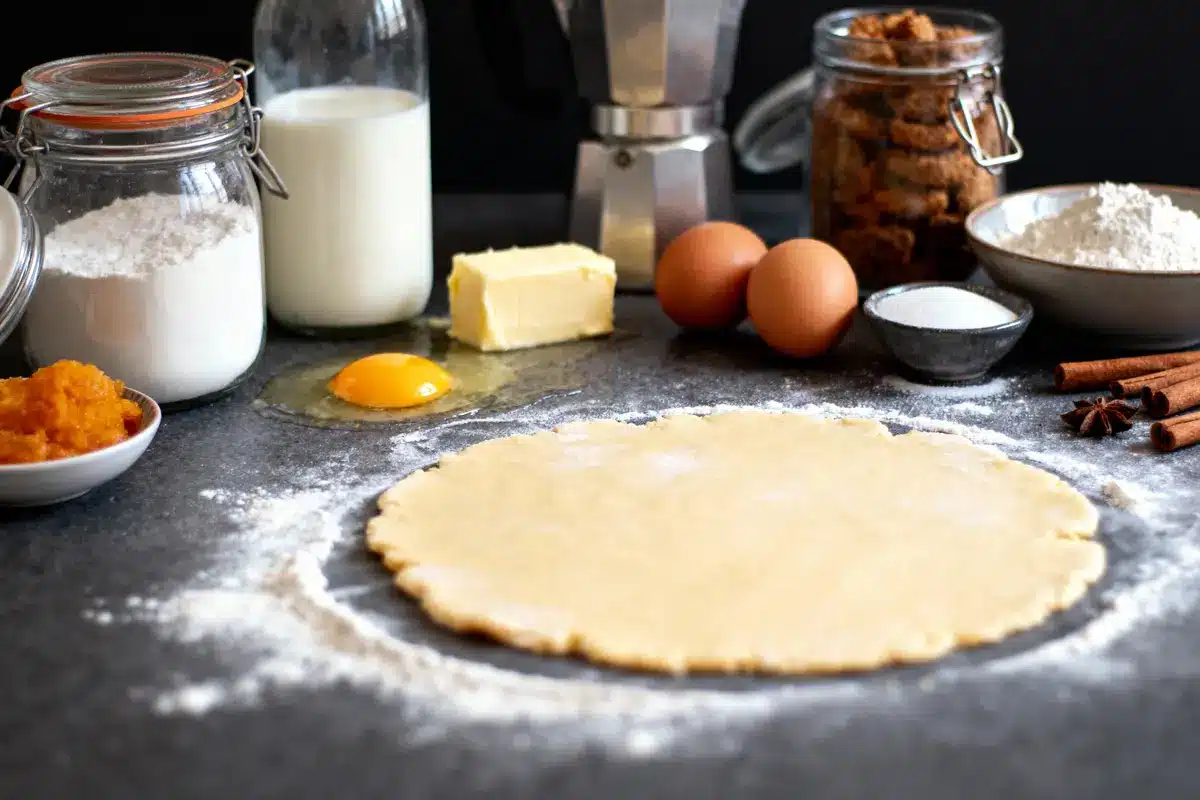 Ingrédients sur table : farine, lait, beurre, œufs, sucre, citrouille, pâte étalée, cannelle, cafétière.