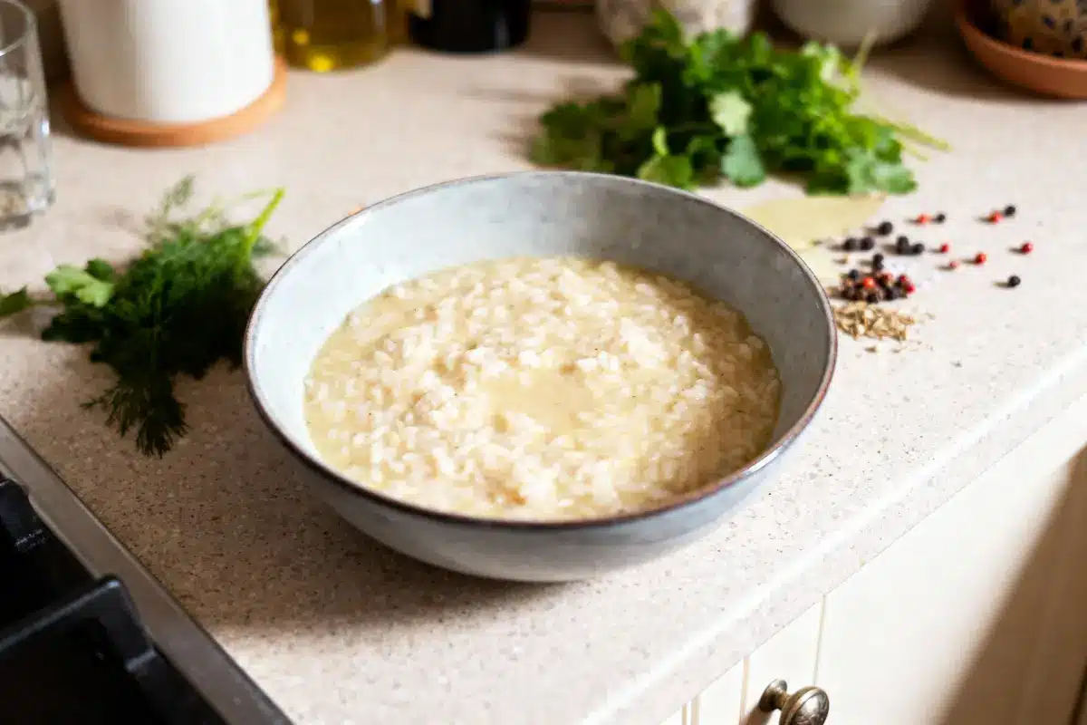 Bol de risotto crémeux sur comptoir, avec herbes fraîches et épices en arrière-plan.