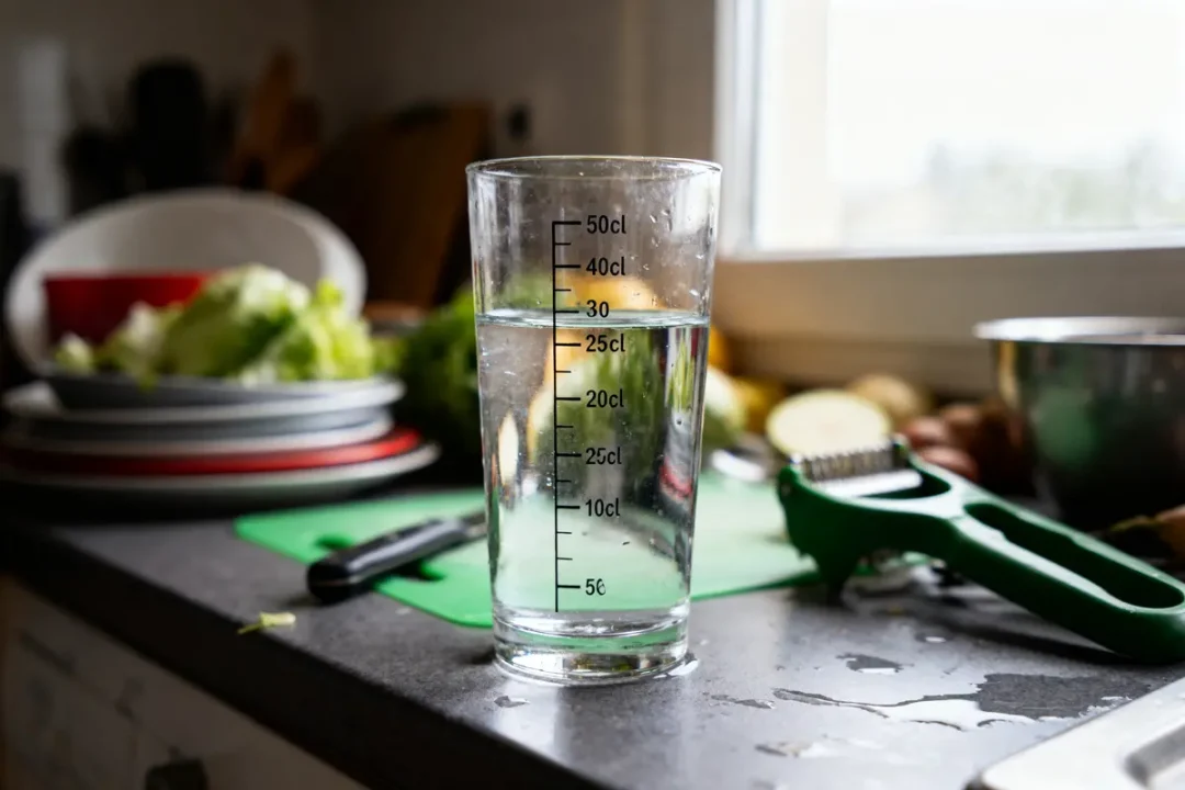 Verre d'eau gradué sur un comptoir de cuisine encombré, près de légumes et ustensiles.