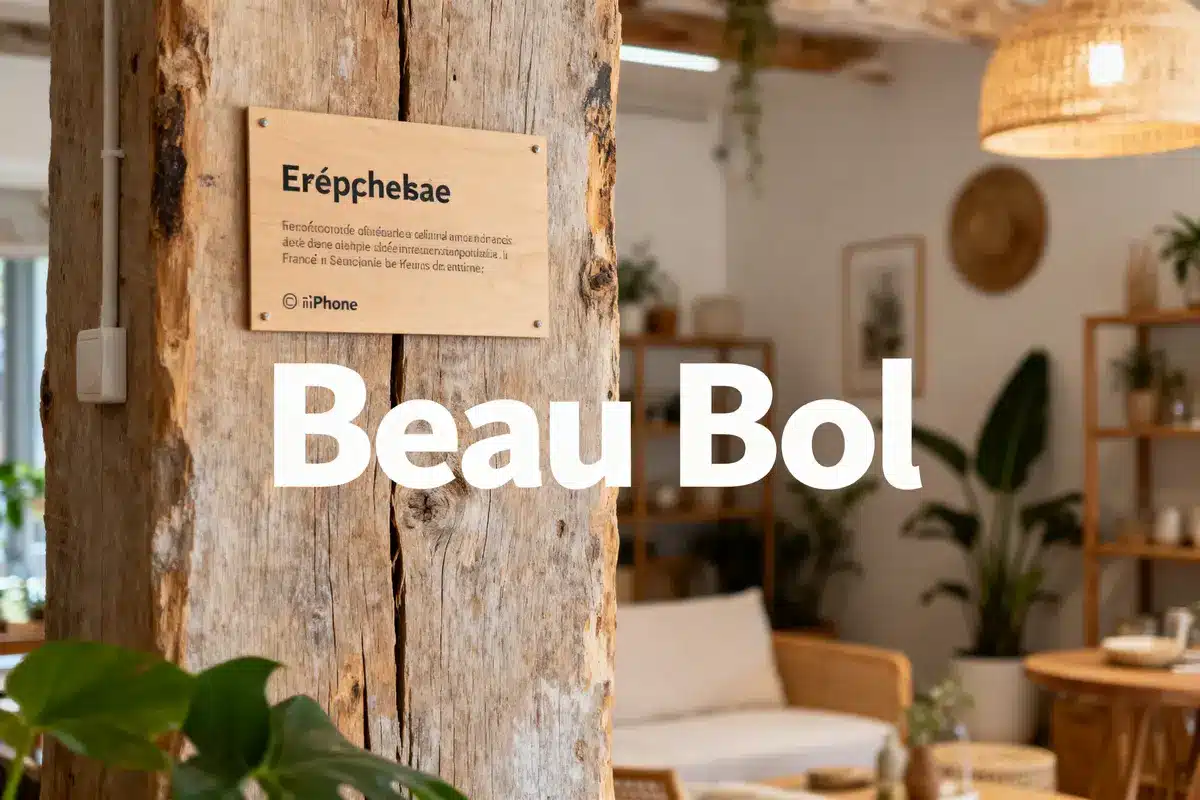 Intérieur chaleureux avec meubles en bois, pancarte, plantes et texte "Beau Bol", ambiance cosy naturelle.