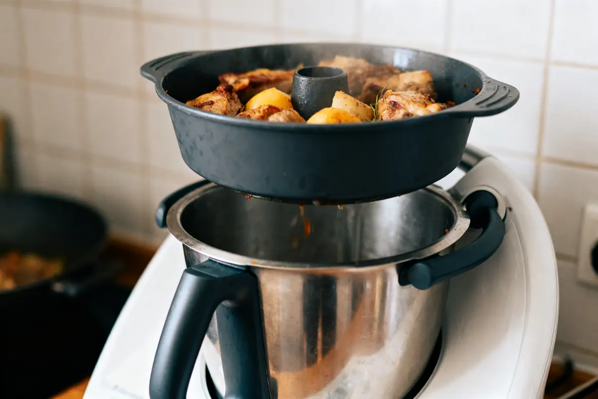 Plat mijoté dans un récipient en plastique sur un robot culinaire, vapeur visible.
