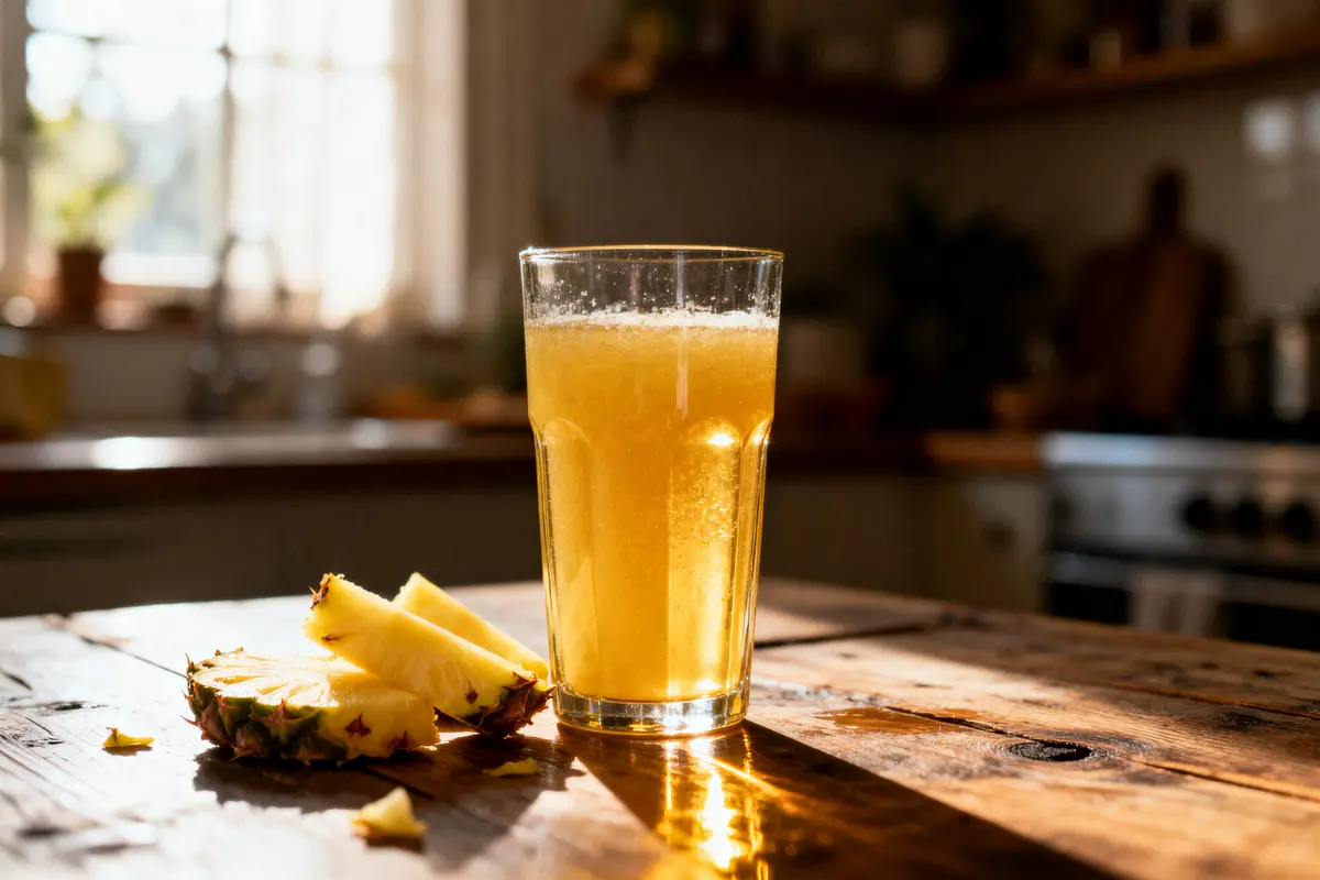 Verre de jus d'ananas frais sur table en bois, éclairage naturel, cuisine en arrière-plan.