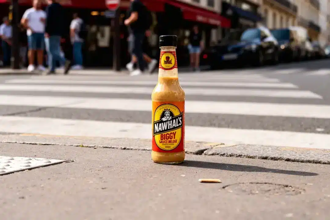 Bouteille de sauce Nawhal's Biggy sur un trottoir urbain, arrière-plan flou de rue et passants.