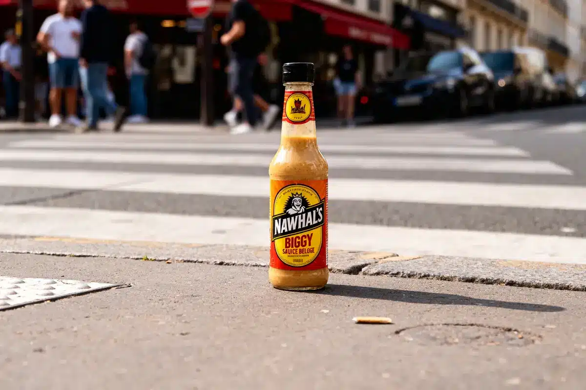 Bouteille de sauce Nawhal's Biggy sur un trottoir urbain, arrière-plan flou de rue et passants.