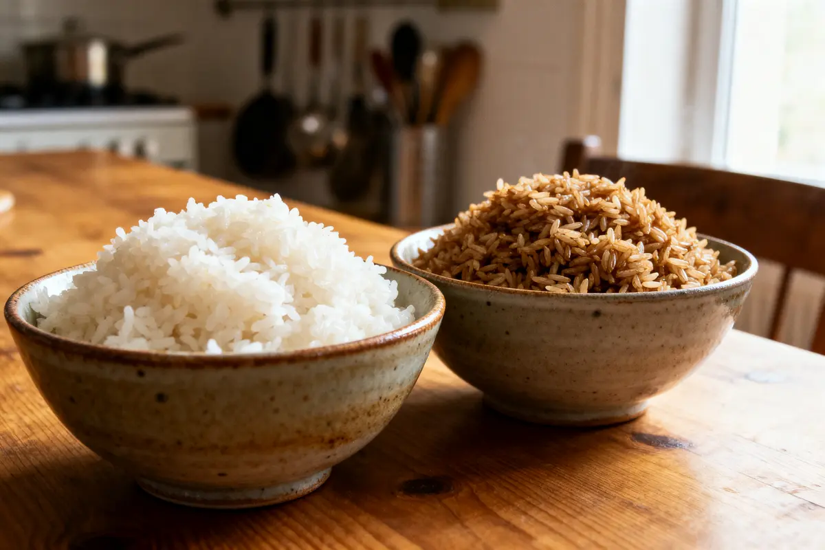 Deux bols en céramique contenant du riz blanc et du riz brun, sur une table en bois.