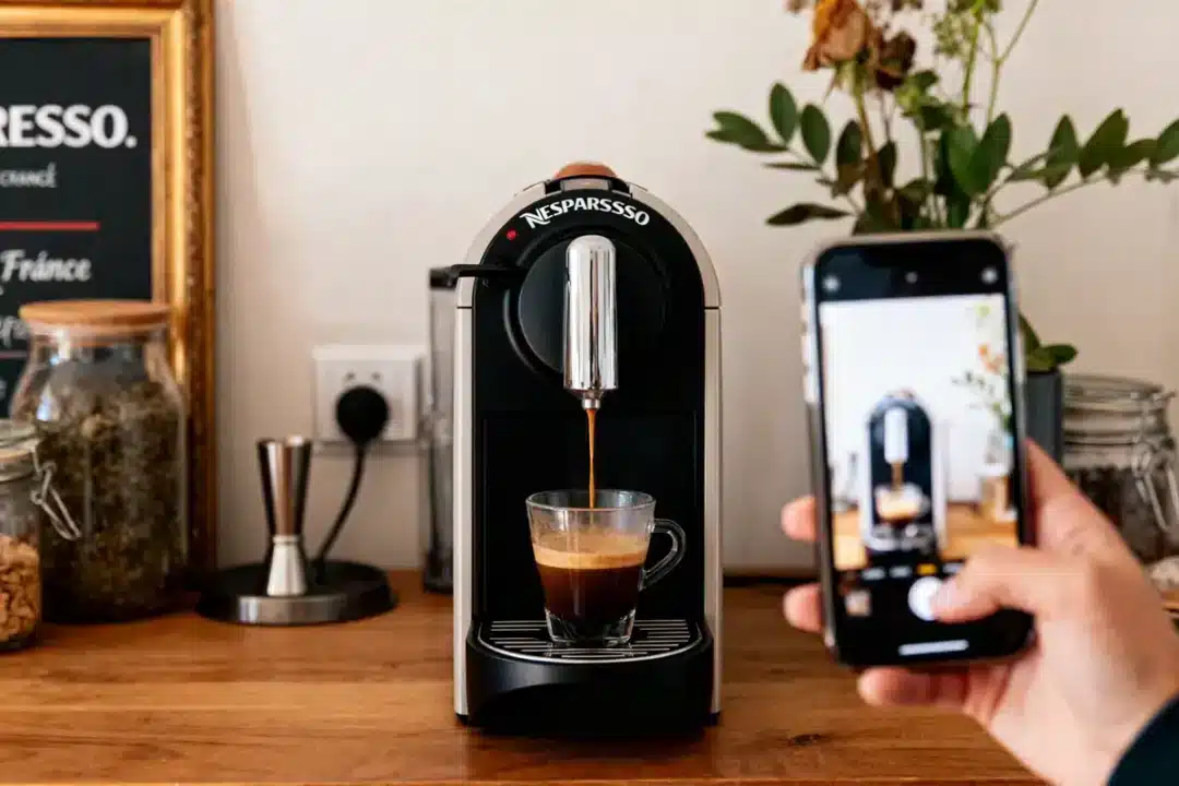 Machine à café Nespresso versant espresso, main prenant photo avec smartphone, décor arrière-plan cuisine.