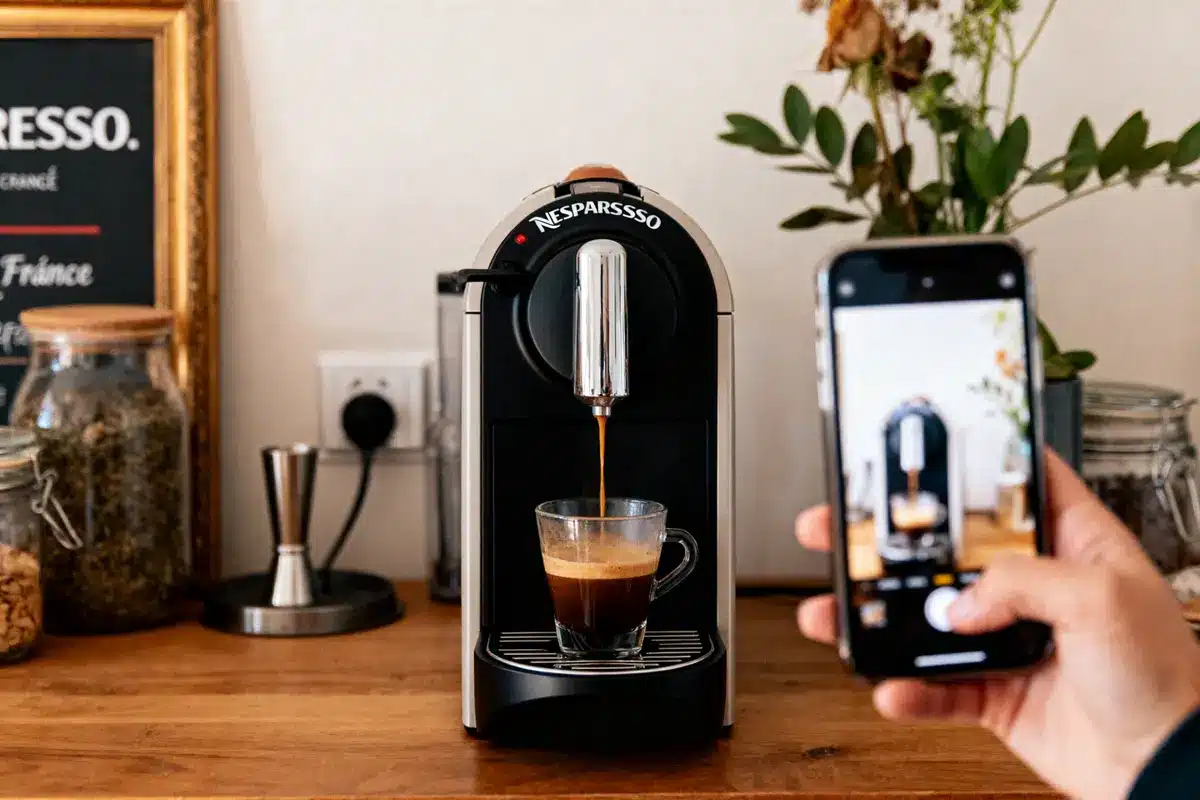 Machine à café Nespresso versant espresso, main prenant photo avec smartphone, décor arrière-plan cuisine.