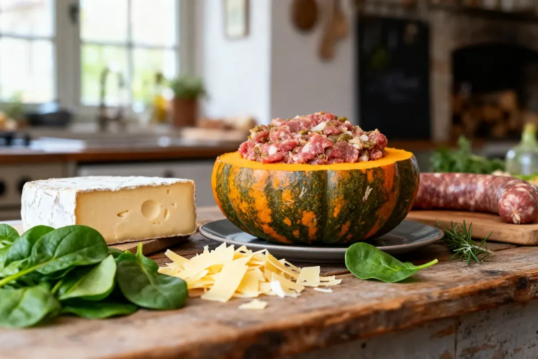 Citrouille farcie de viande hachée, fromage, épinards, et saucisson sur une table de cuisine boisée.