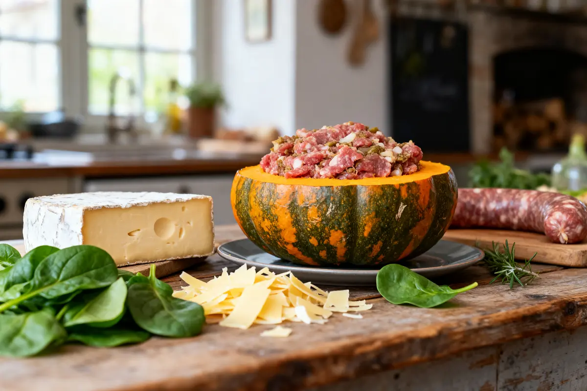 Citrouille farcie de viande hachée, fromage, épinards, et saucisson sur une table de cuisine boisée.